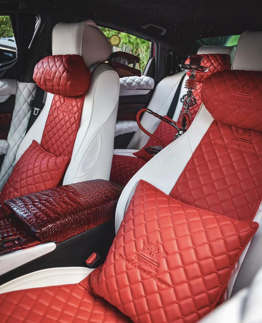 VIP Car Interior Set Black With Red Diamond Stitch Pillows