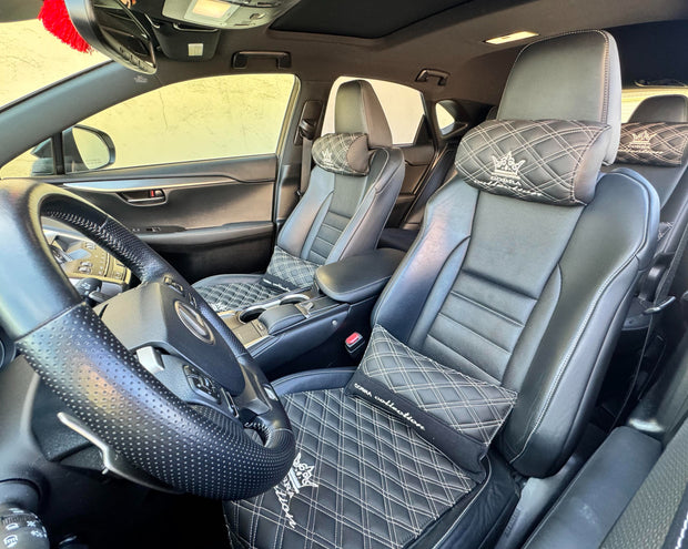 VIP Car Interior Set Black With Off-White Double Diamond Stitch Pillows