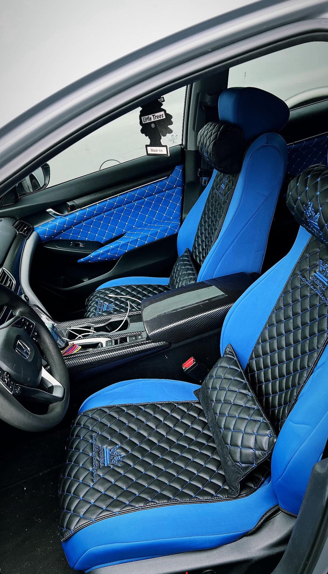 VIP Car Interior Set Black With Blue Diamond Stitch Pillows