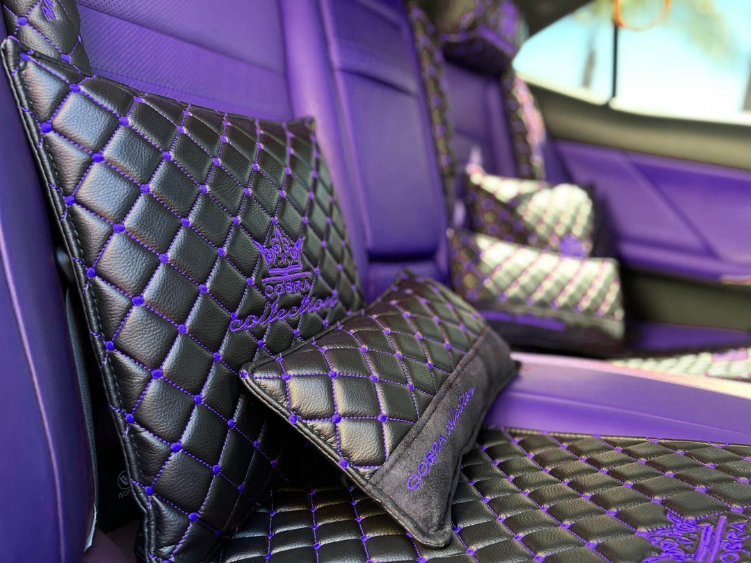 VIP Car Interior Set Black With Purple Diamond Stitch Pillows