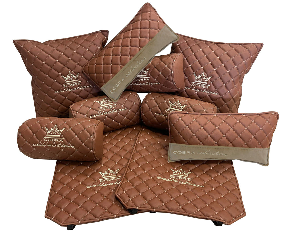 VIP Car Interior Set Brown With Cream Diamond Stitch Pillows