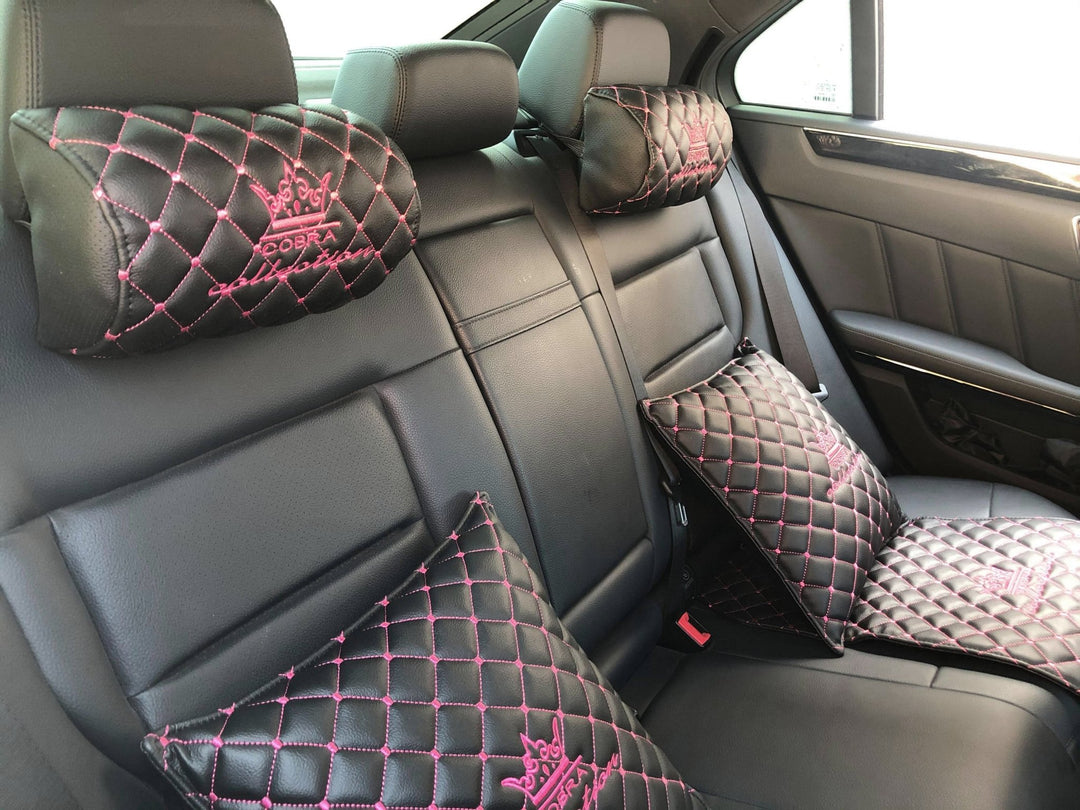VIP Car Interior Set Black With Pink Diamond Stitch Pillows